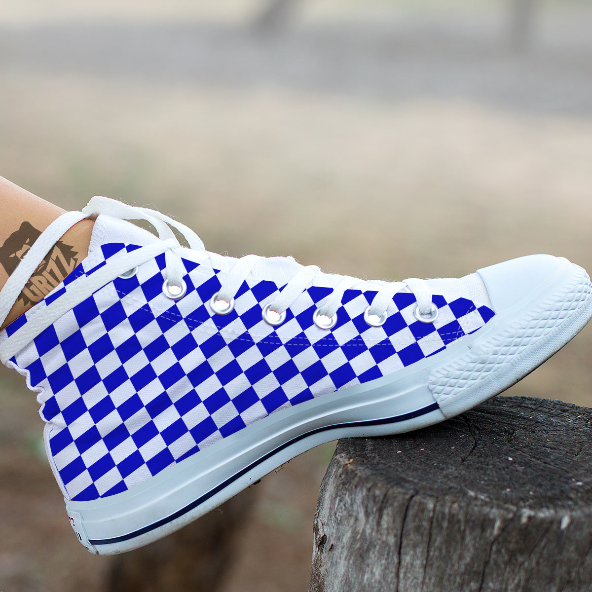 Navy Checkered Flag Print White High Top Shoes-grizzshop