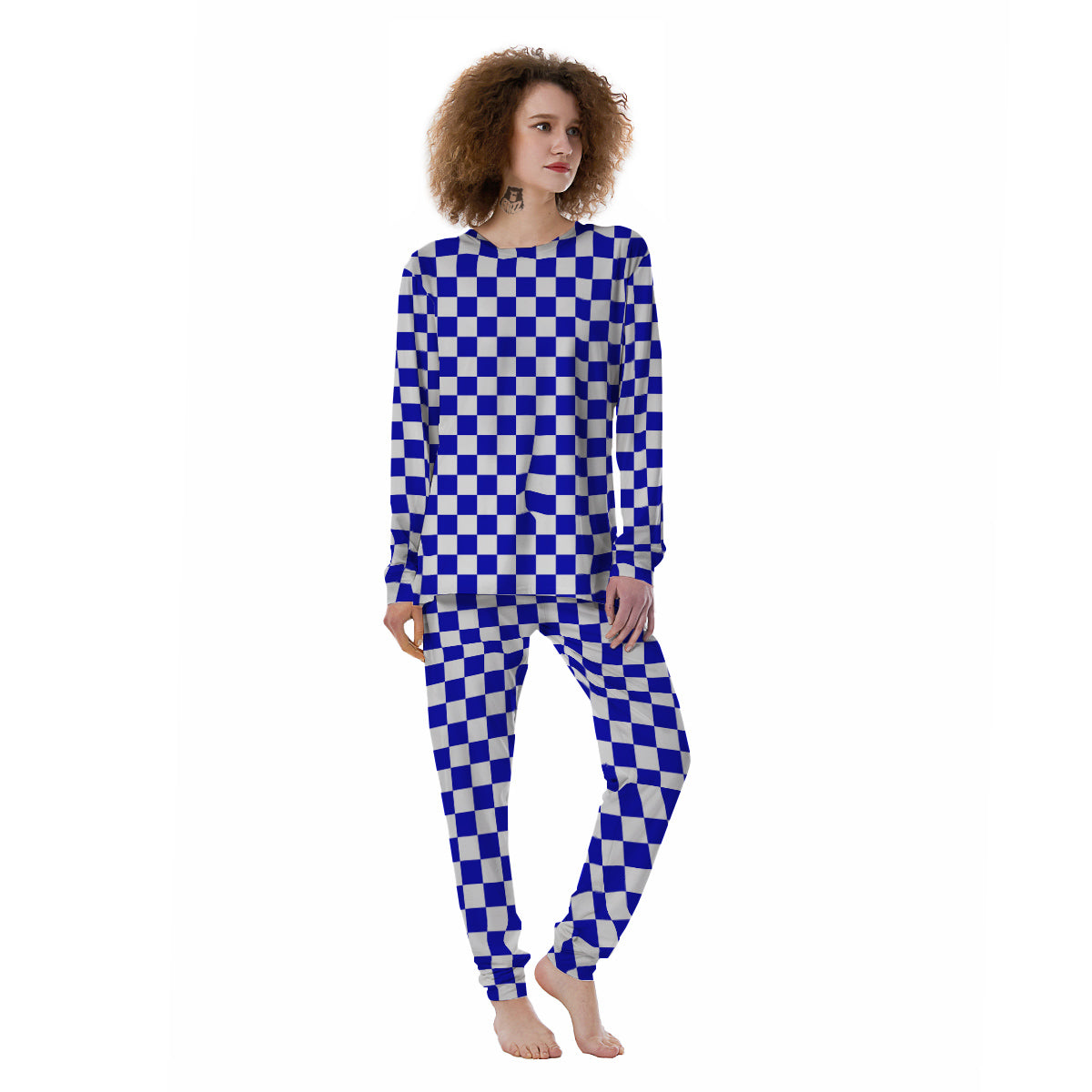 Navy Checkered Flag Print Women's Pajamas-grizzshop