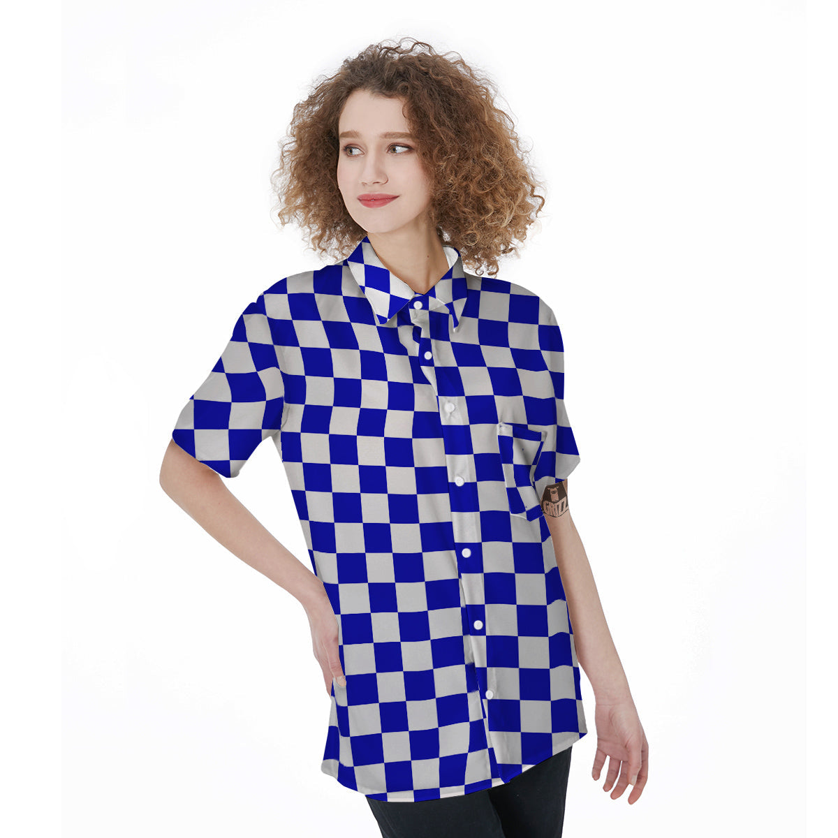 Navy Checkered Flag Print Women's Short Sleeve Shirts-grizzshop