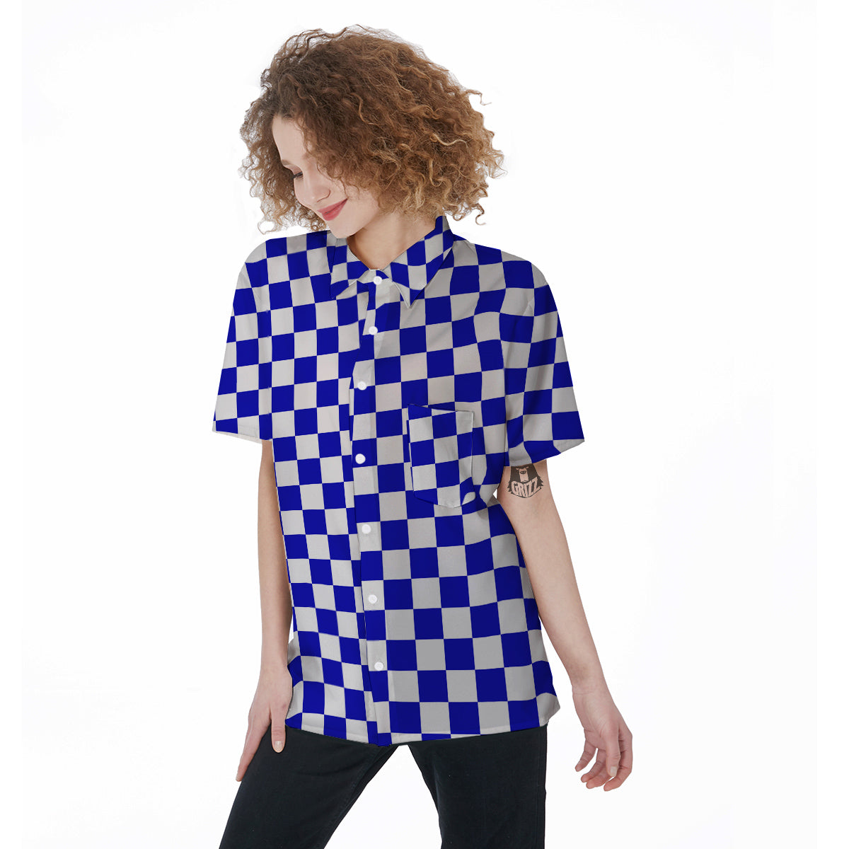 Navy Checkered Flag Print Women's Short Sleeve Shirts-grizzshop
