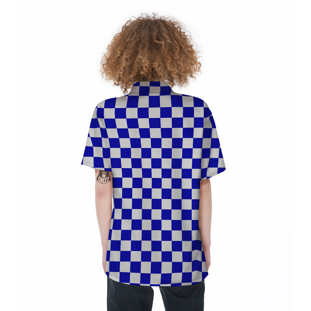 Navy Checkered Flag Print Women's Short Sleeve Shirts-grizzshop