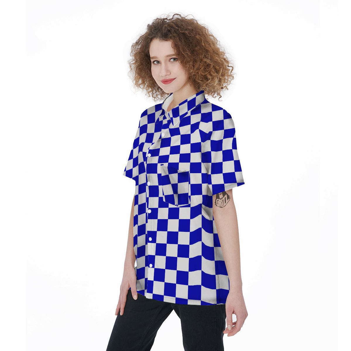 Navy Checkered Flag Print Women's Short Sleeve Shirts-grizzshop