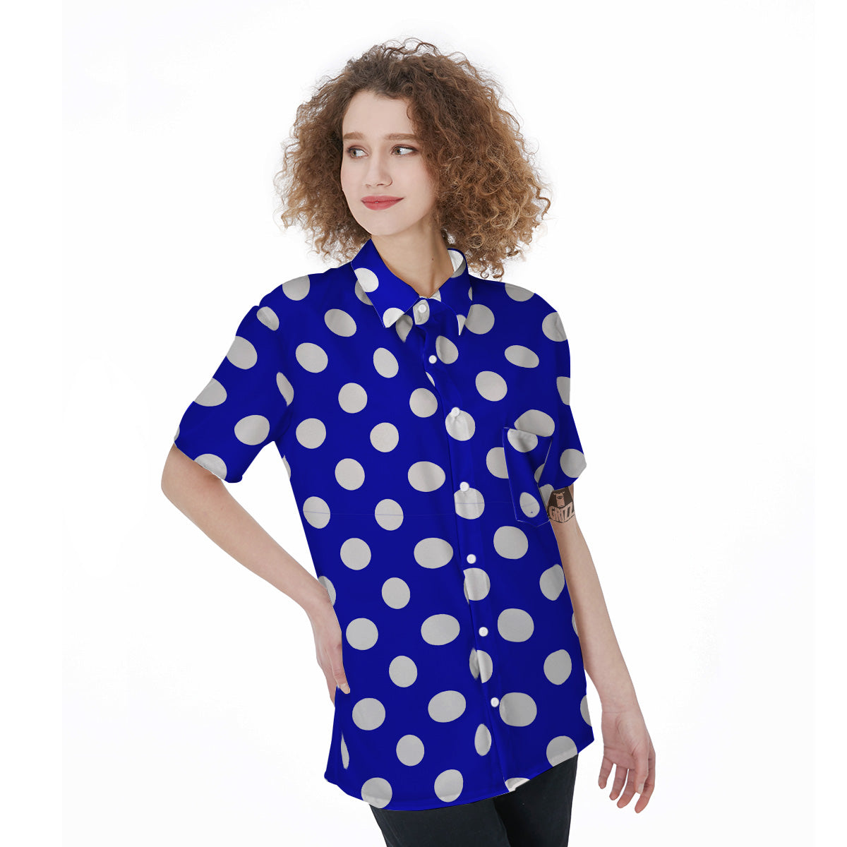 Navy Color Polka Dot Print Pattern Women's Short Sleeve Shirts-grizzshop
