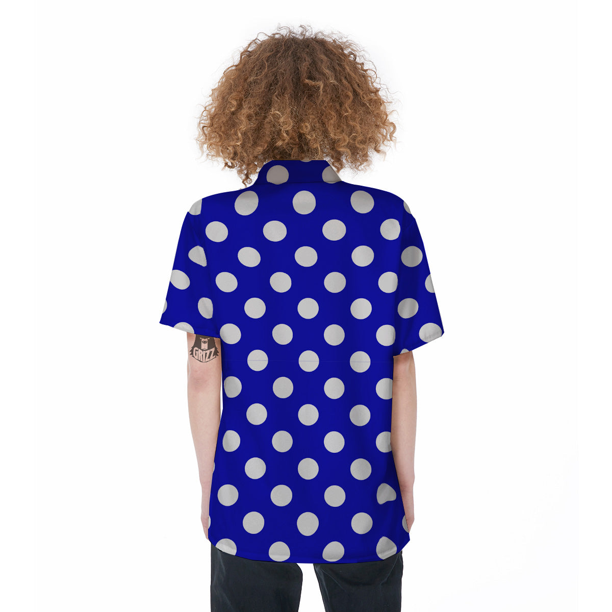 Navy Color Polka Dot Print Pattern Women's Short Sleeve Shirts-grizzshop