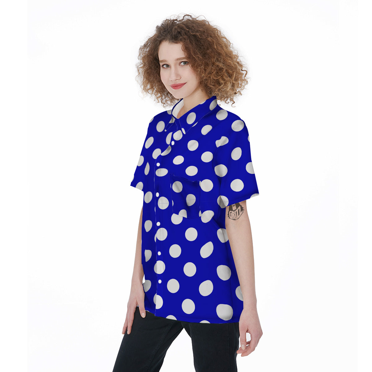 Navy Color Polka Dot Print Pattern Women's Short Sleeve Shirts-grizzshop