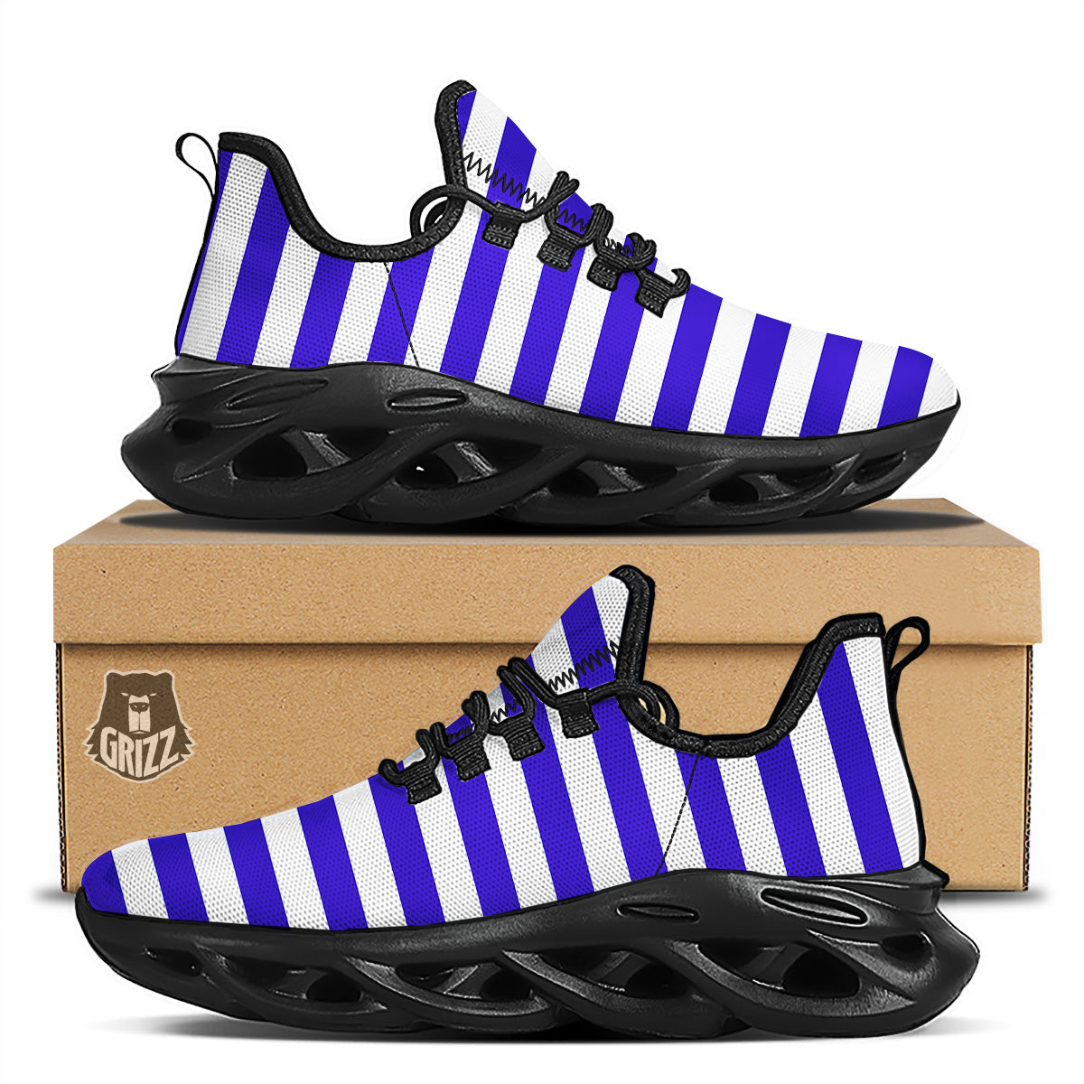 Navy Color Striped Print Black Running Shoes-grizzshop