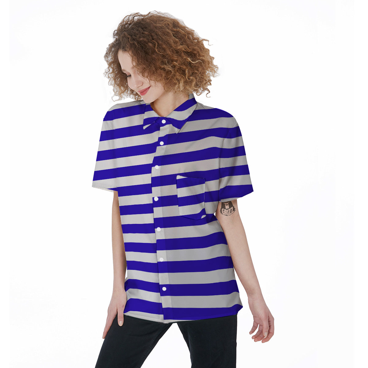 Navy Color Striped Print Women's Short Sleeve Shirts-grizzshop