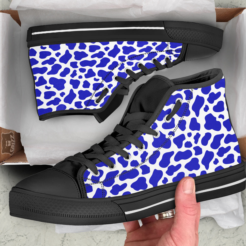 Navy Cow Print Pattern Black High Top Shoes-grizzshop