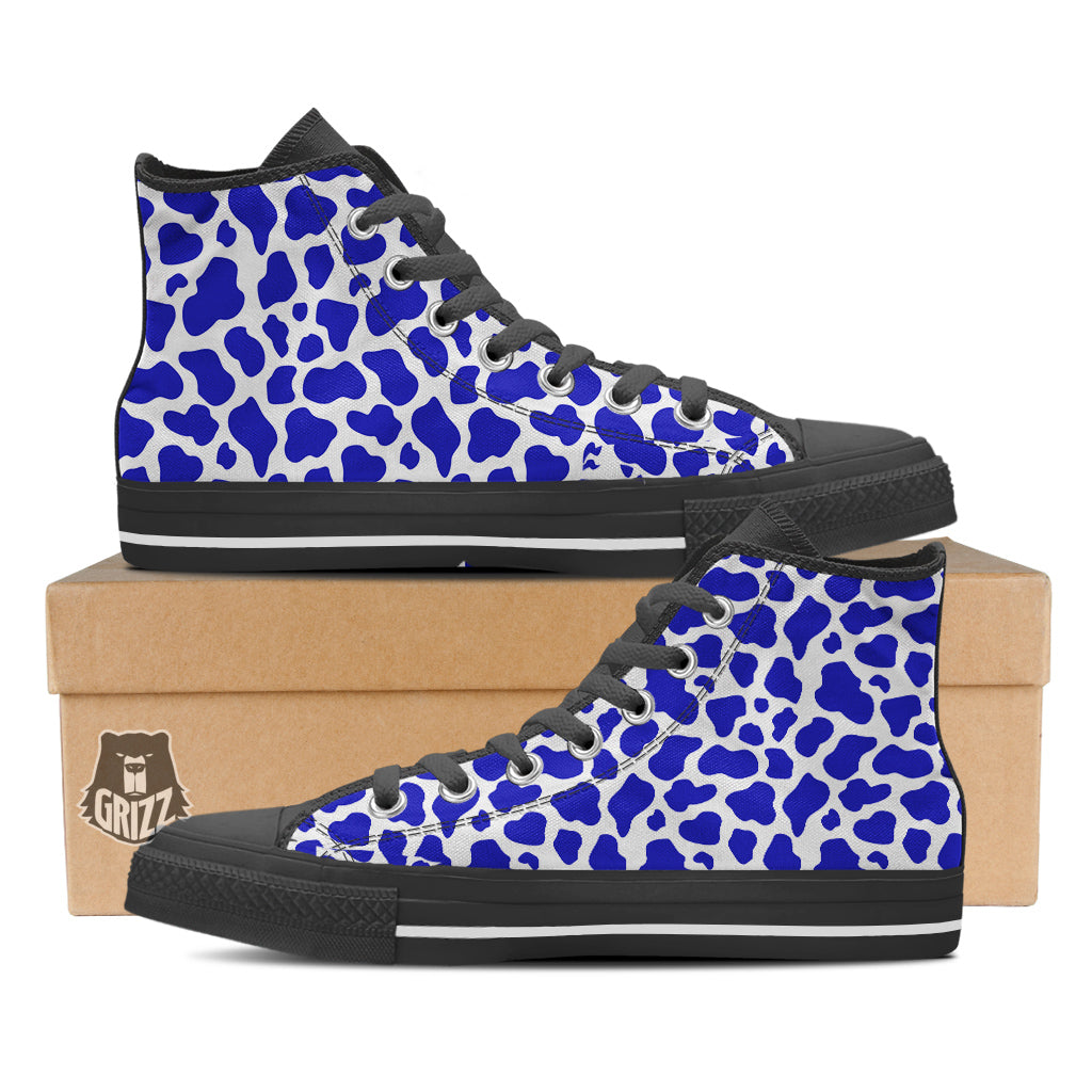 Navy Cow Print Pattern Black High Top Shoes-grizzshop