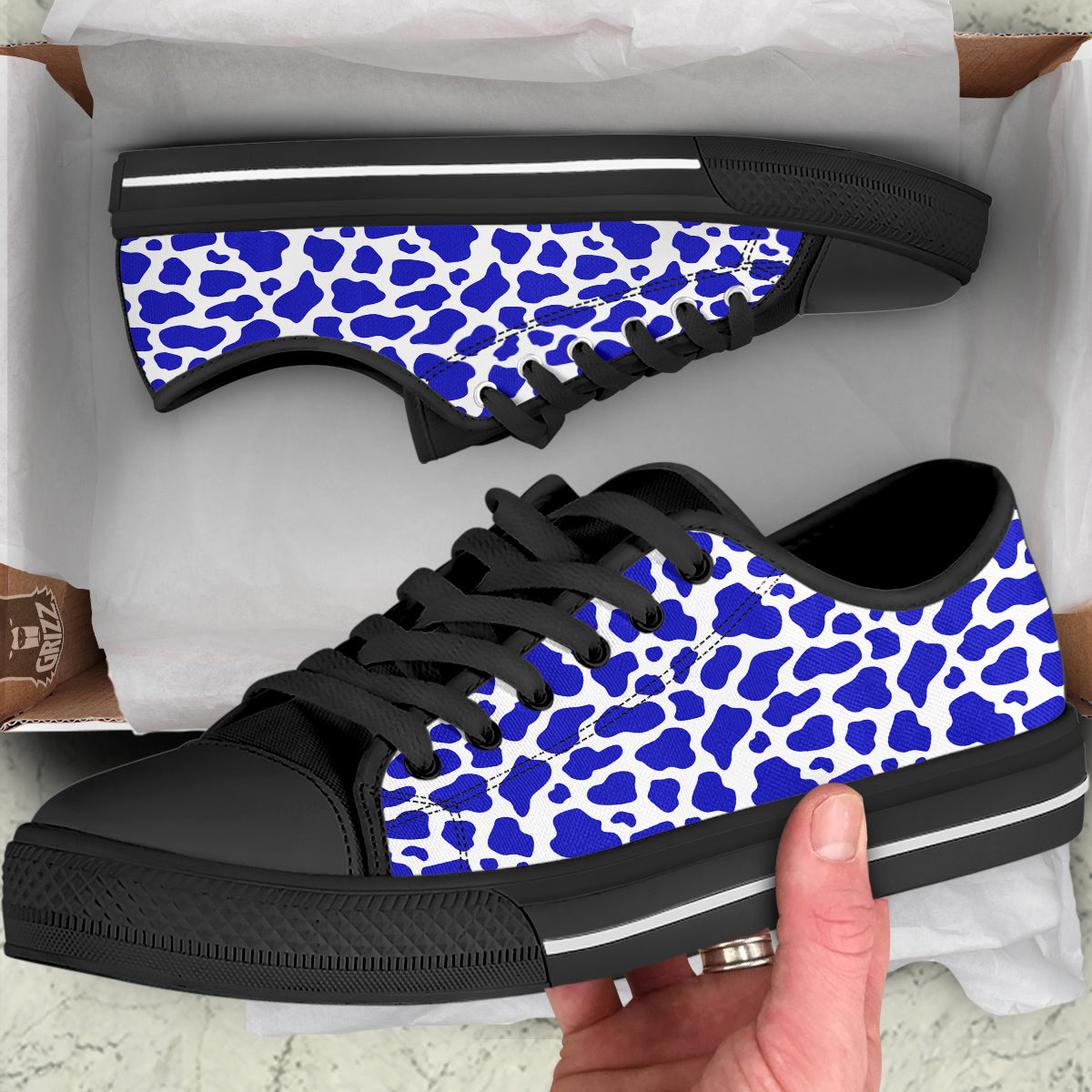 Navy Cow Print Pattern Black Low Top Shoes-grizzshop