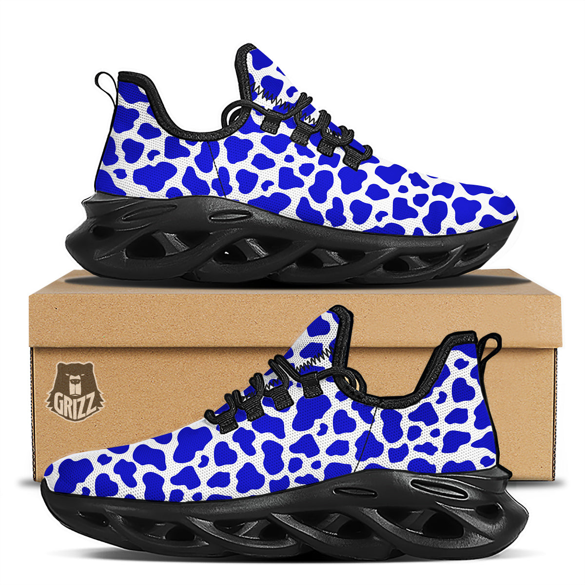 Navy Cow Print Pattern Black Running Shoes-grizzshop