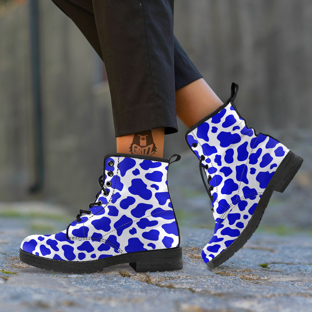 Navy Cow Print Pattern Leather Boots-grizzshop