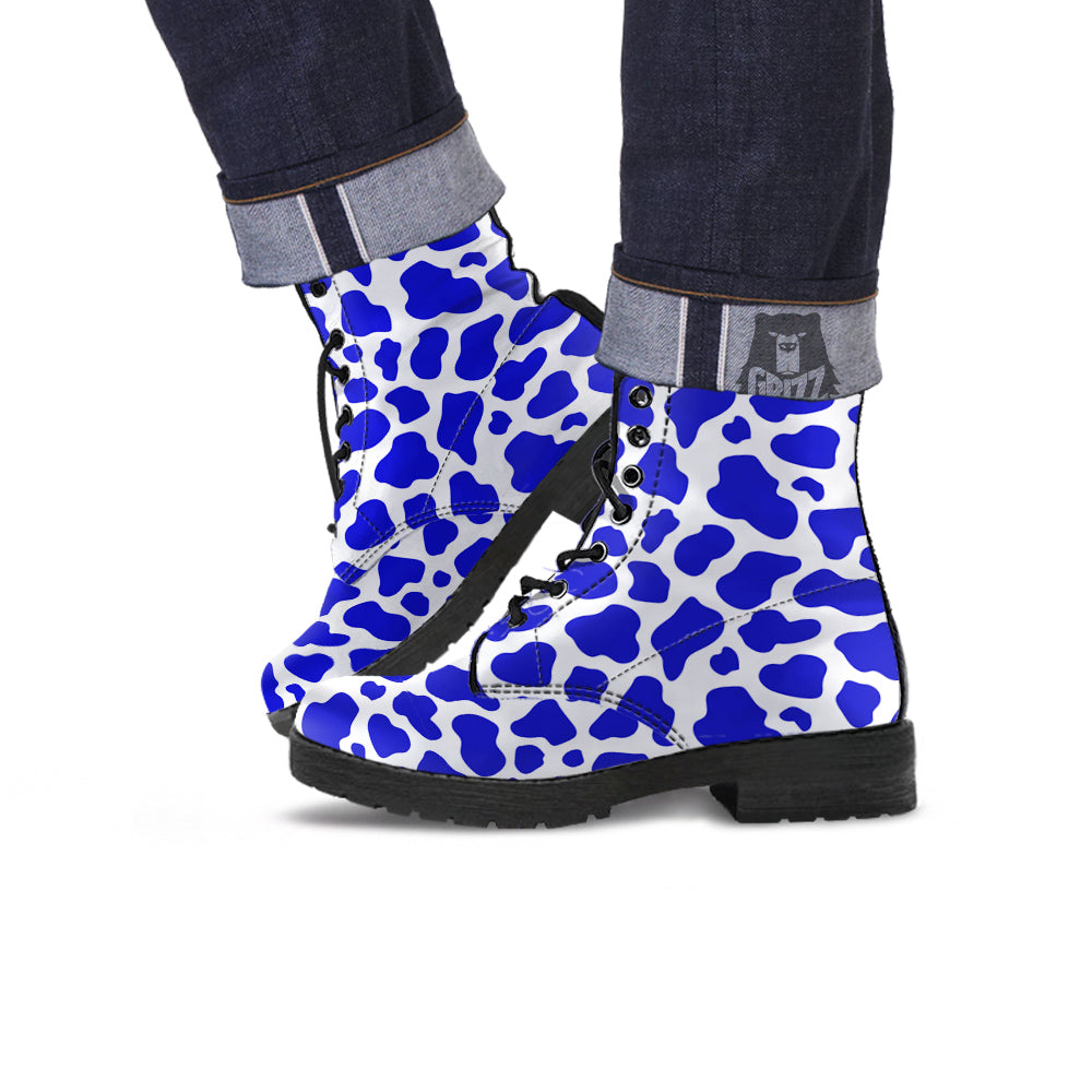 Navy Cow Print Pattern Leather Boots-grizzshop