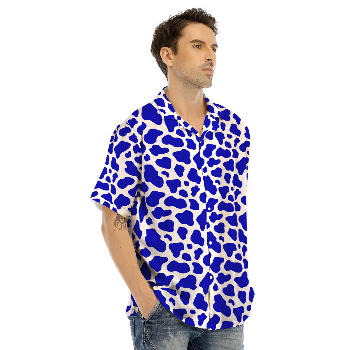 Navy Cow Print Pattern Men’s Hawaiian Shirt-grizzshop