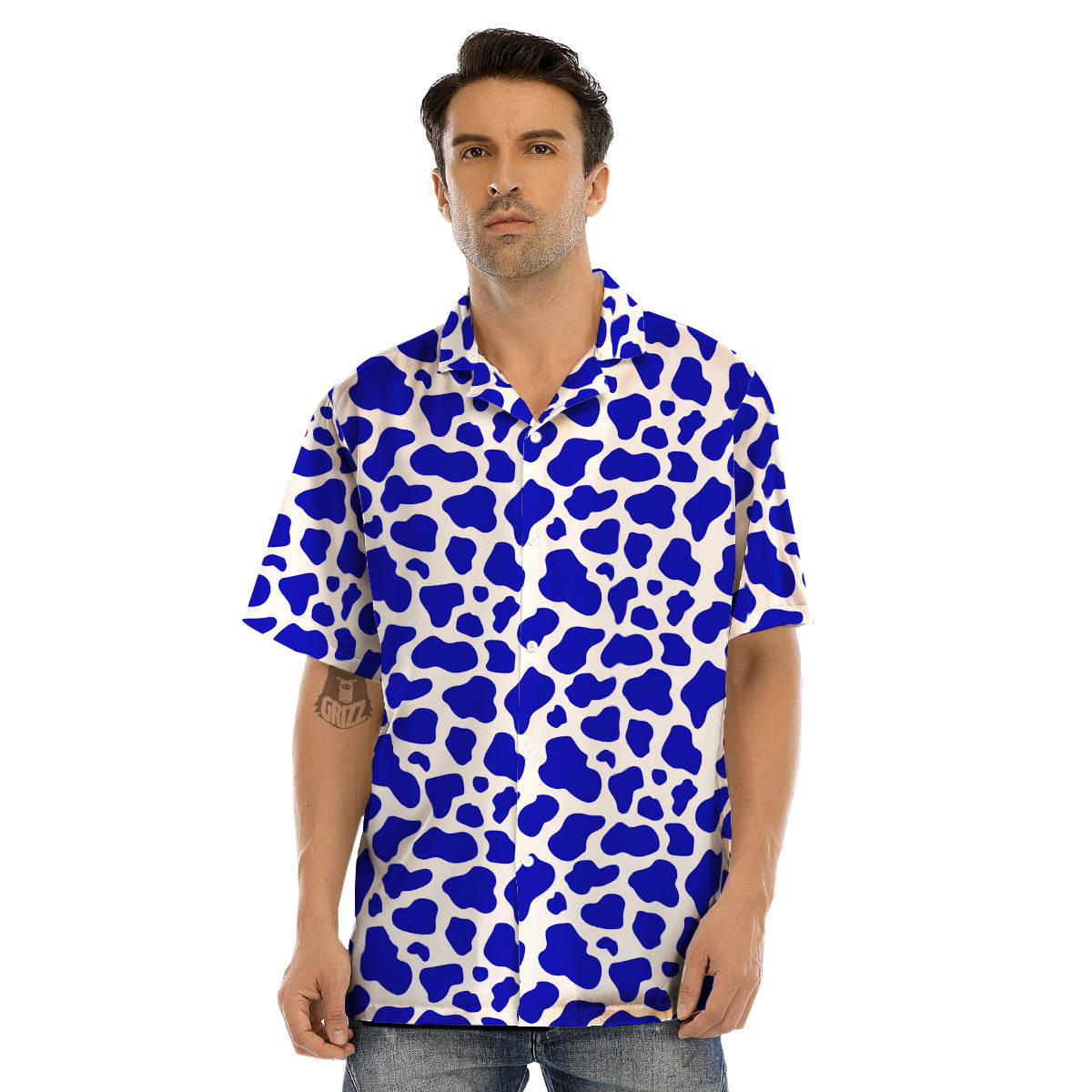 Navy Cow Print Pattern Men’s Hawaiian Shirt-grizzshop