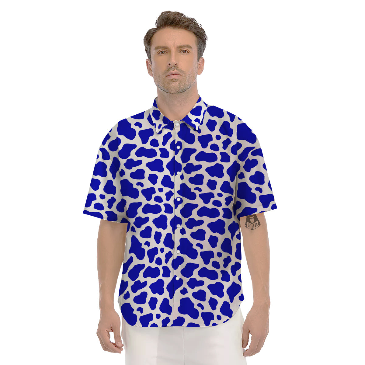 Navy Cow Print Pattern Men's Short Sleeve Shirts-grizzshop