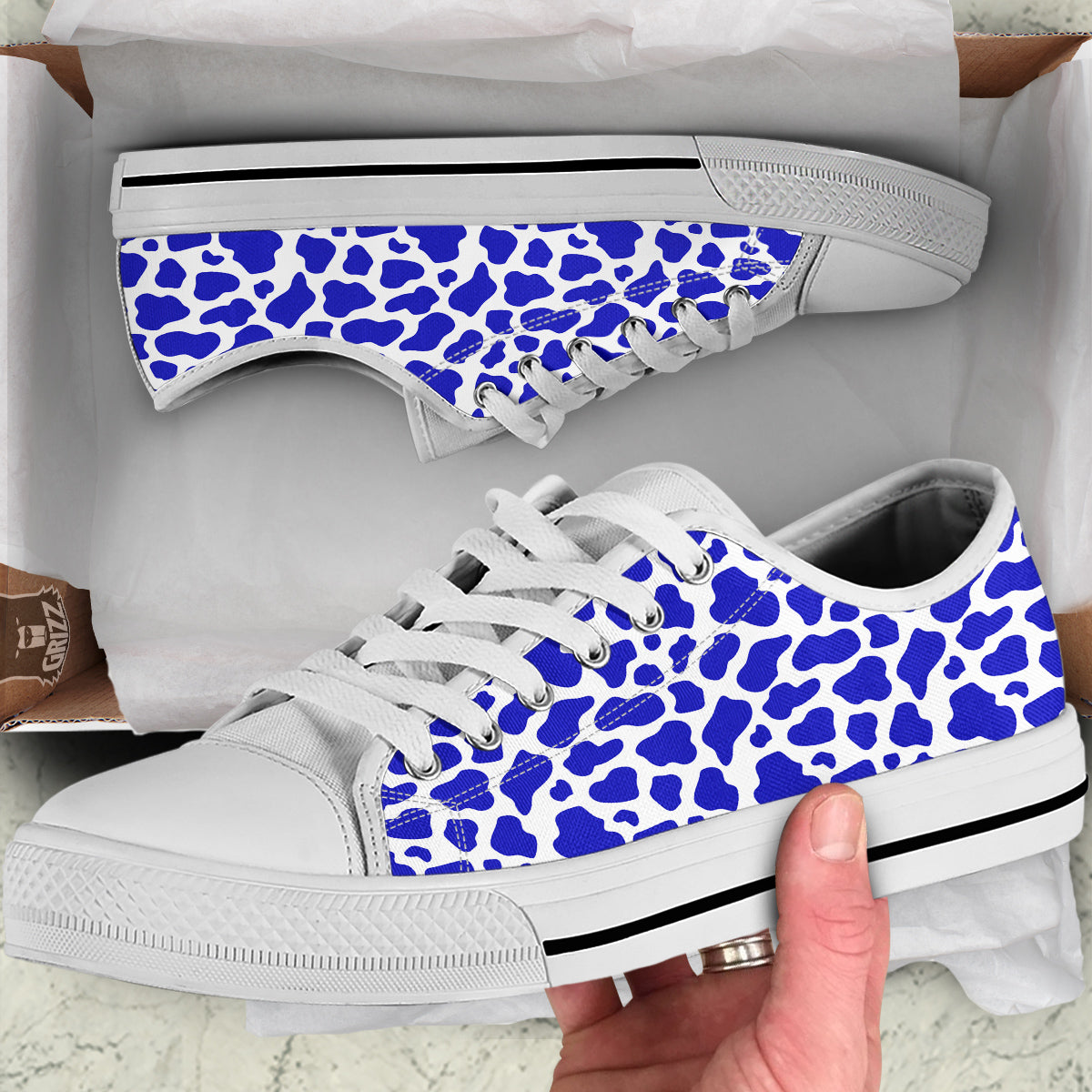 Navy Cow Print Pattern White Low Top Shoes-grizzshop