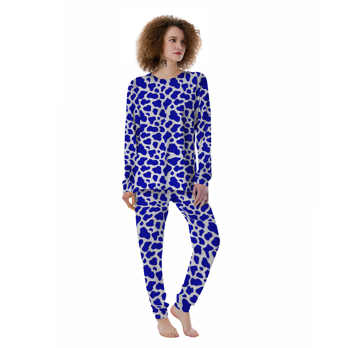 Navy Cow Print Pattern Women's Pajamas-grizzshop