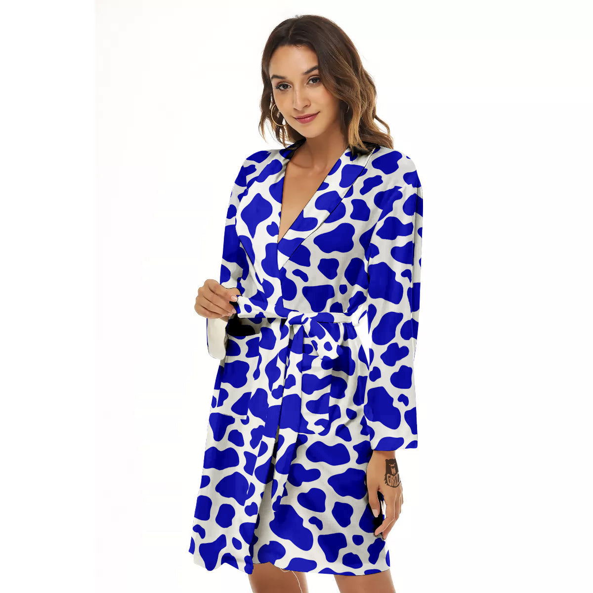Navy Cow Print Pattern Women's Robe-grizzshop