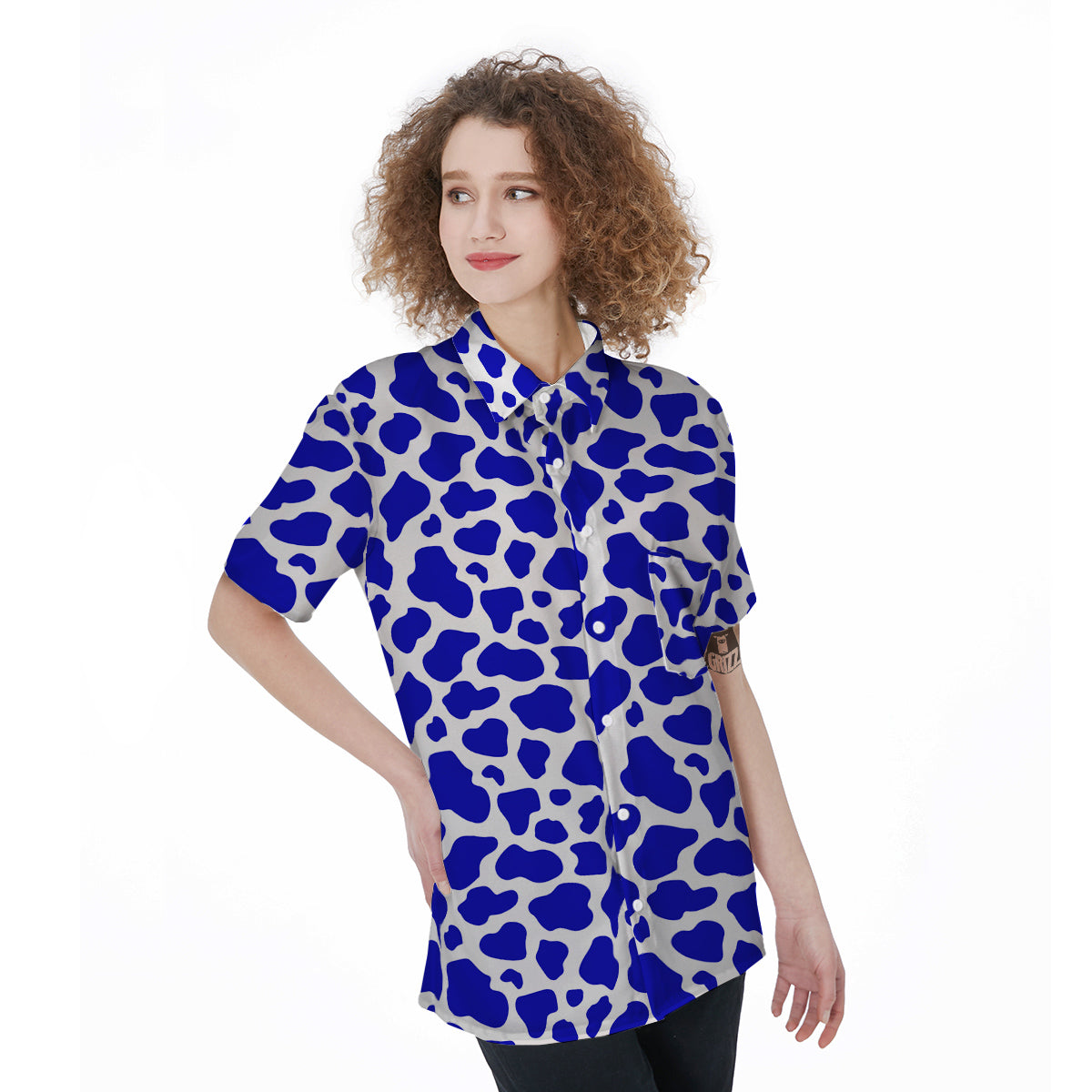 Navy Cow Print Pattern Women's Short Sleeve Shirts-grizzshop