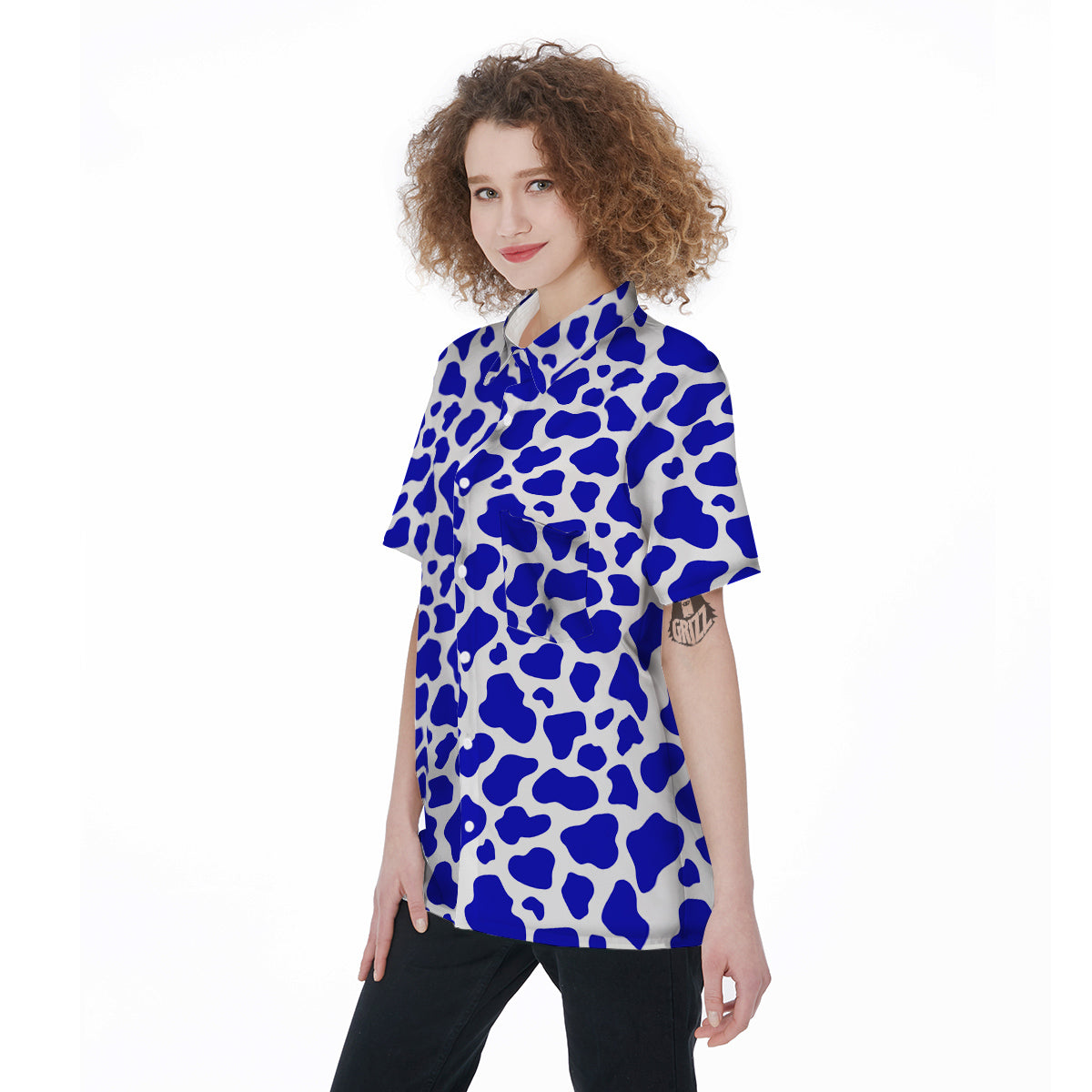 Navy Cow Print Pattern Women's Short Sleeve Shirts-grizzshop
