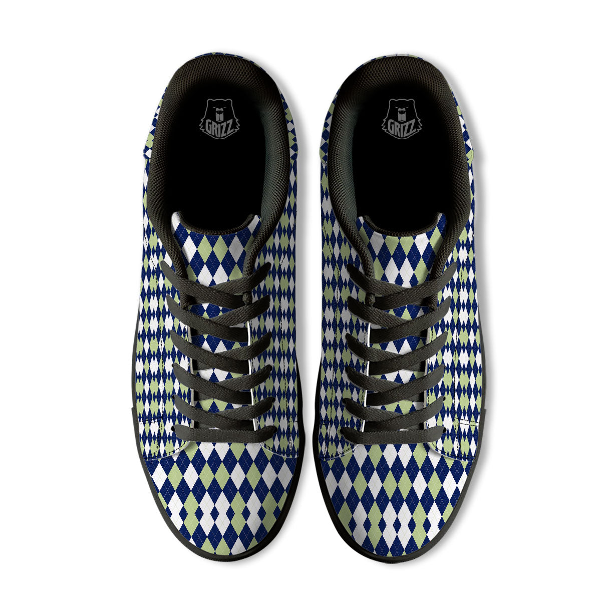 Navy Green And White Argyle Print Black Low Top Sneakers-grizzshop