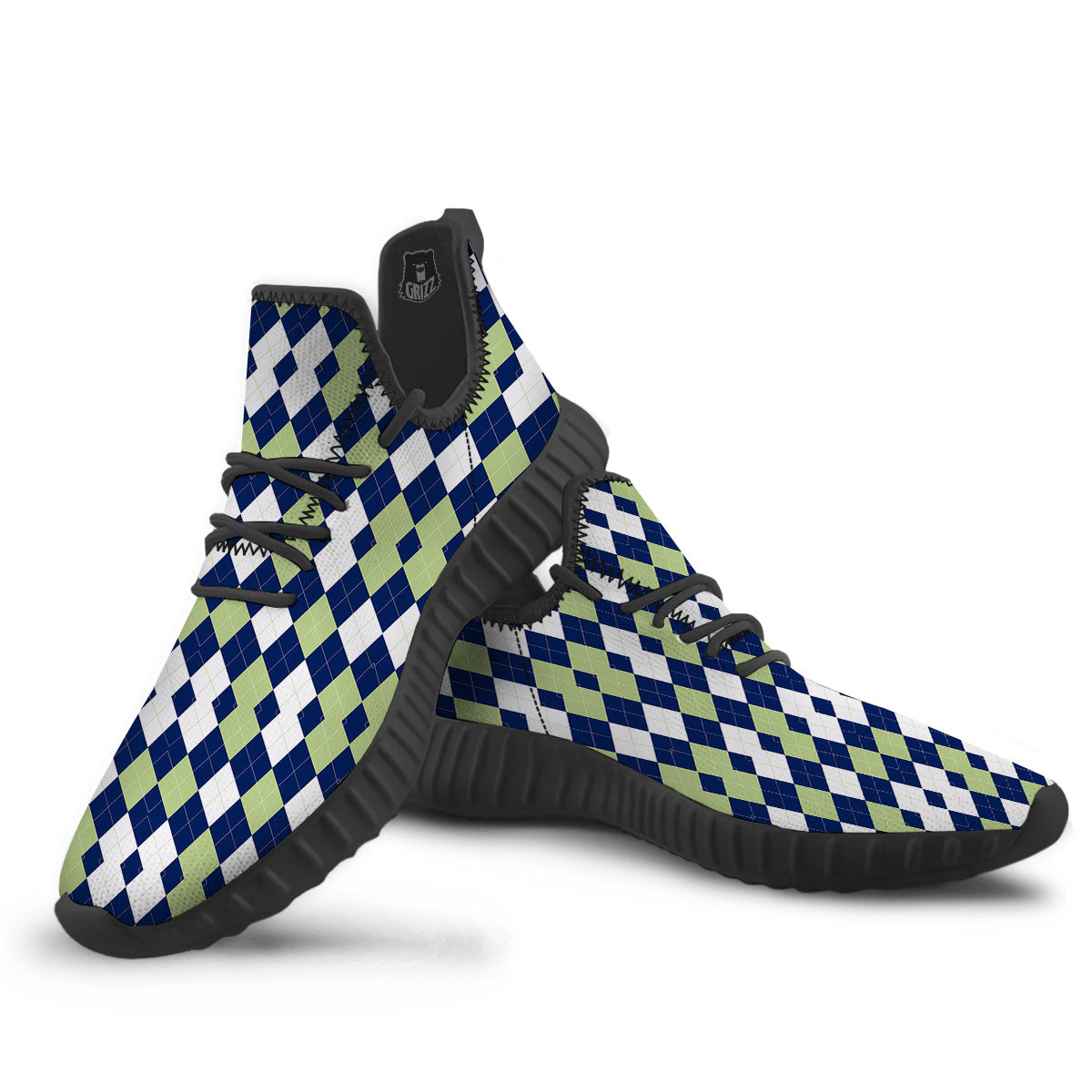 Navy Green And White Argyle Print Black Walking Shoes-grizzshop