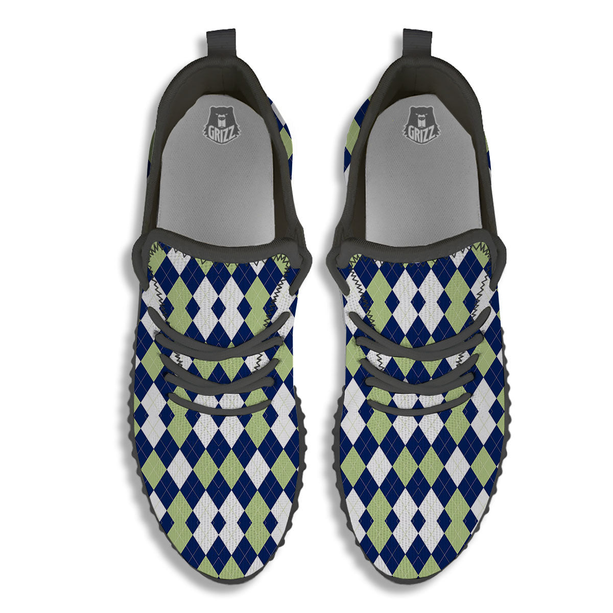 Navy Green And White Argyle Print Black Walking Shoes-grizzshop