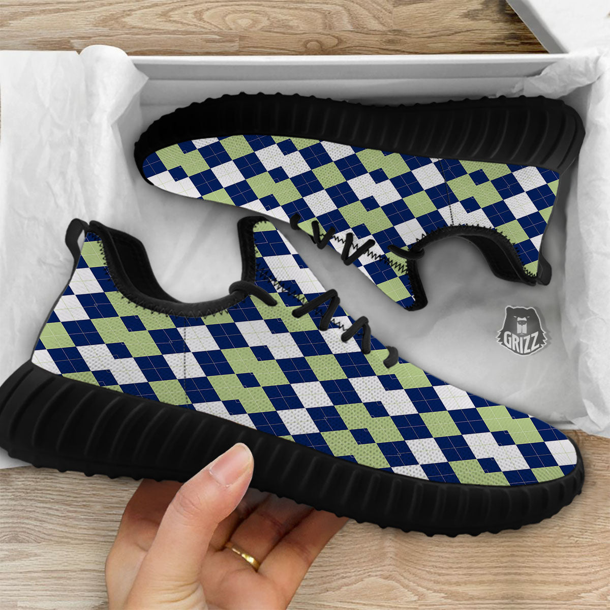 Navy Green And White Argyle Print Black Walking Shoes-grizzshop
