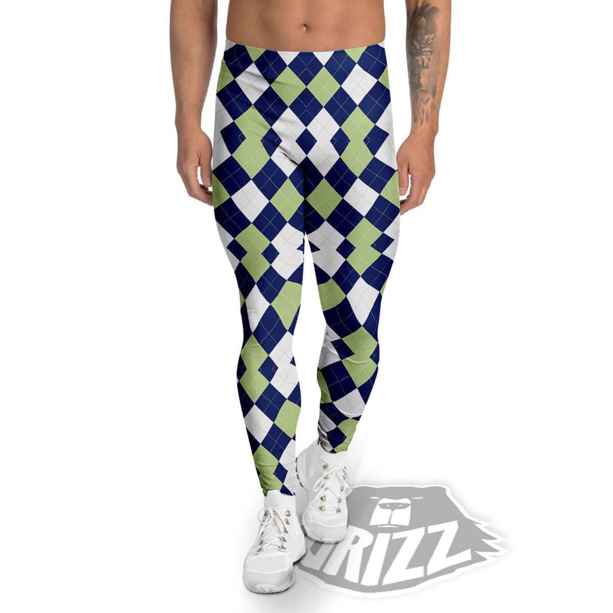 Navy Green And White Argyle Print Men's Leggings-grizzshop
