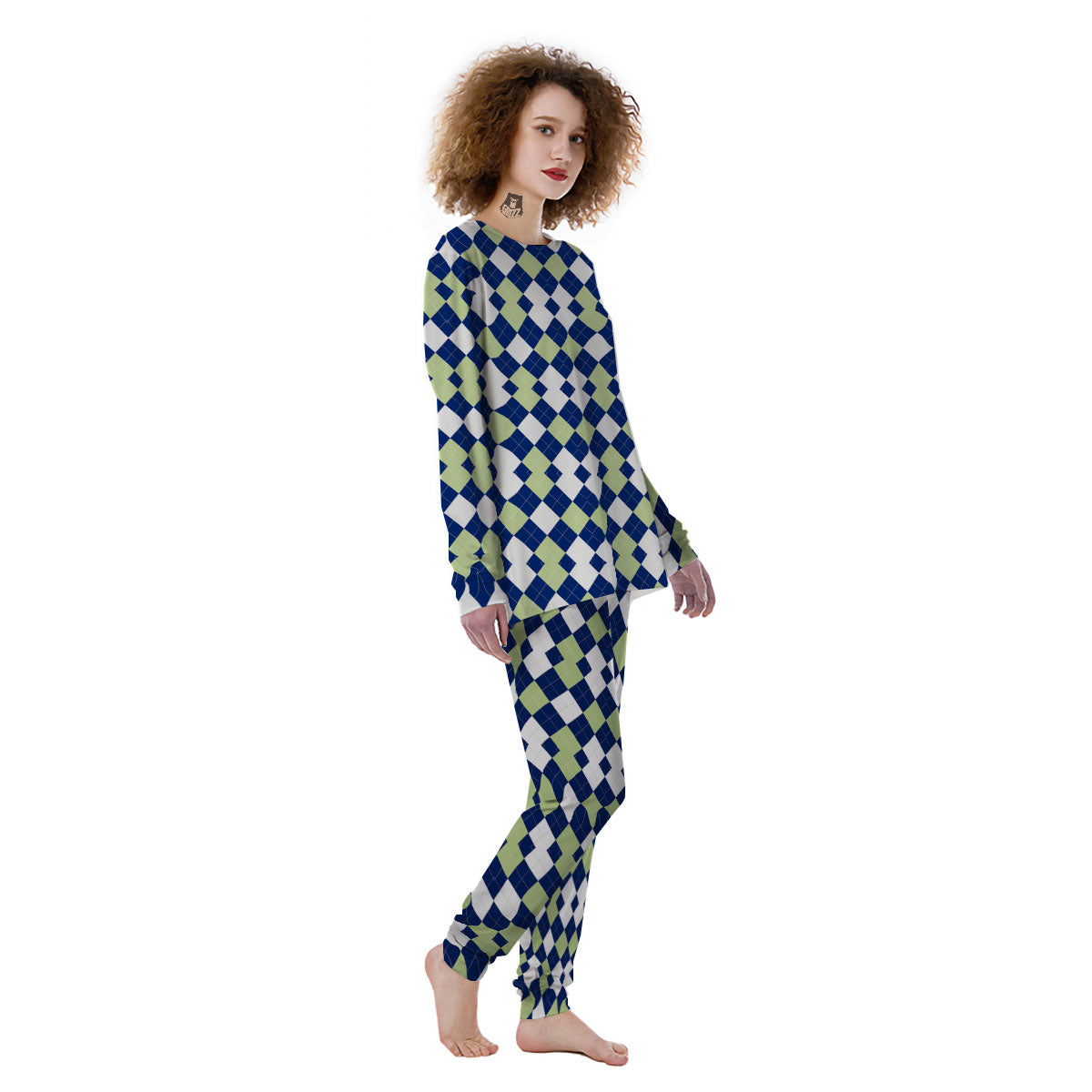 Navy Green And White Argyle Print Women's Pajamas-grizzshop
