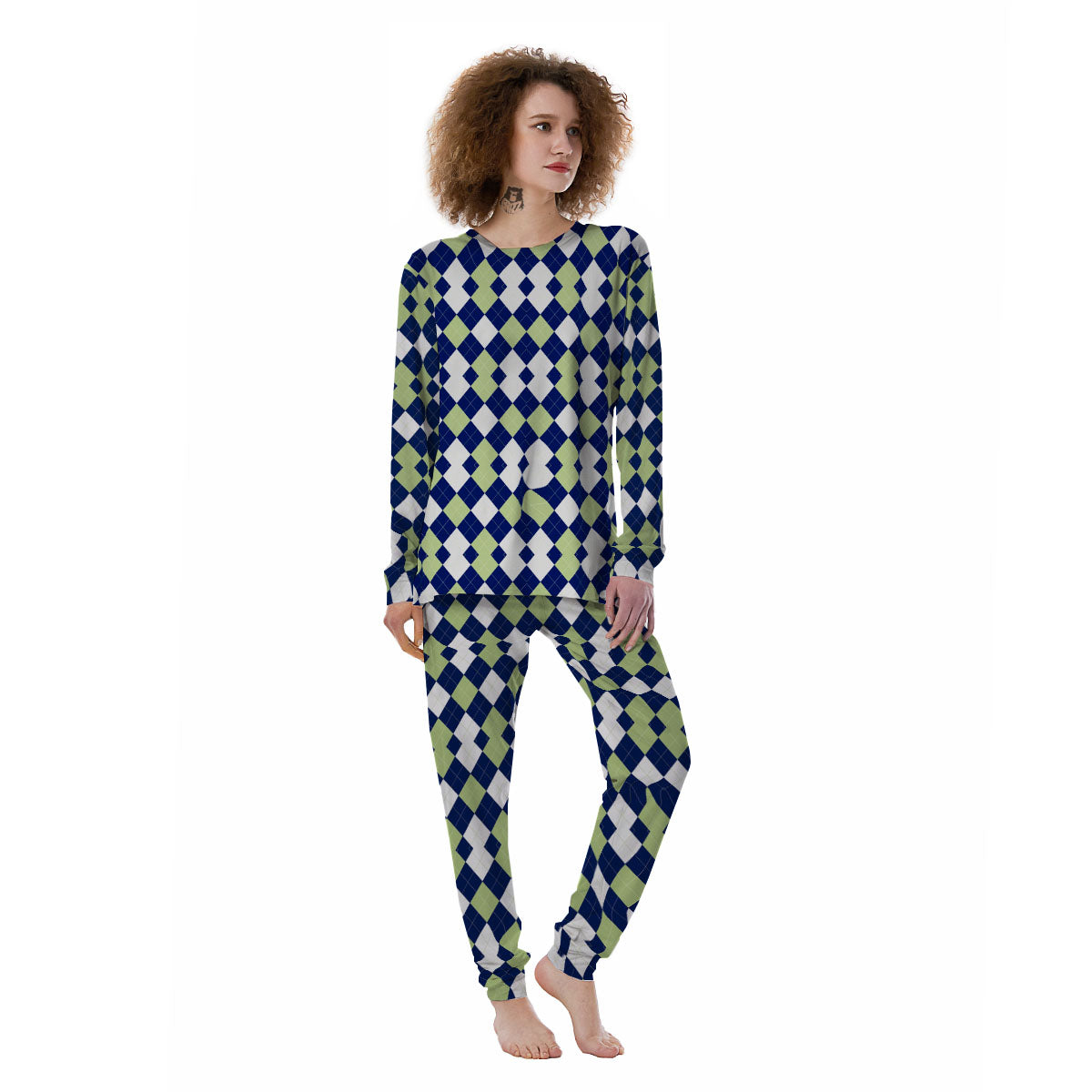 Navy Green And White Argyle Print Women's Pajamas-grizzshop