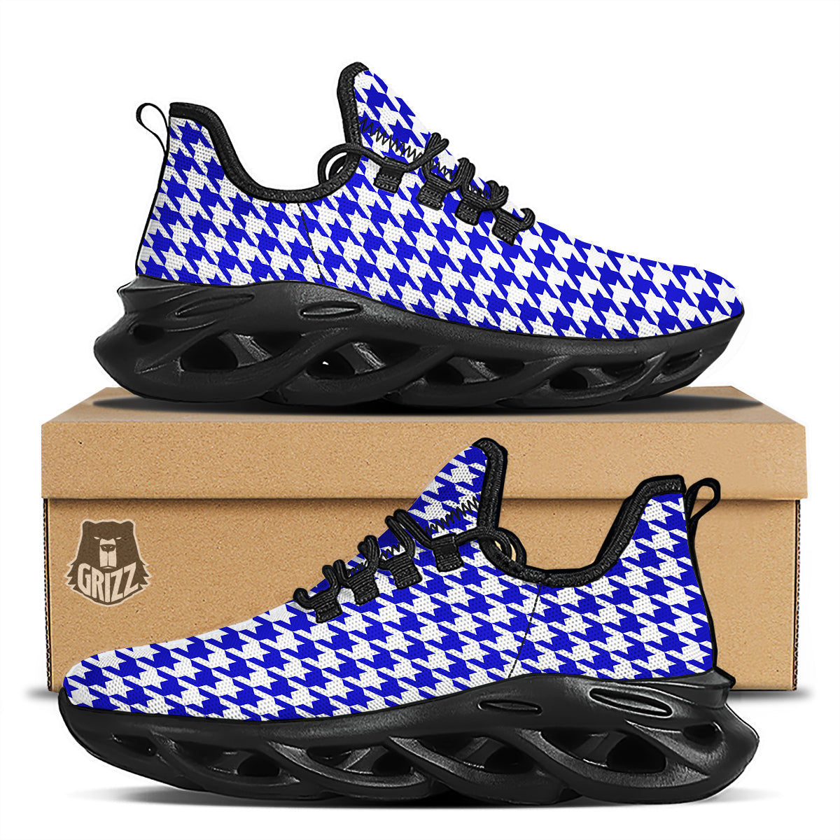 Navy Houndstooth Print Black Running Shoes-grizzshop