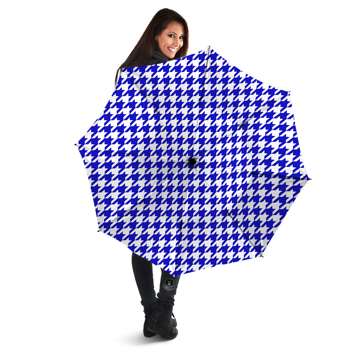 Navy Houndstooth Print Umbrella-grizzshop