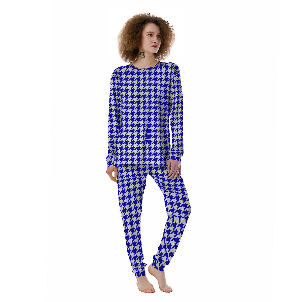 Navy Houndstooth Print Women's Pajamas-grizzshop