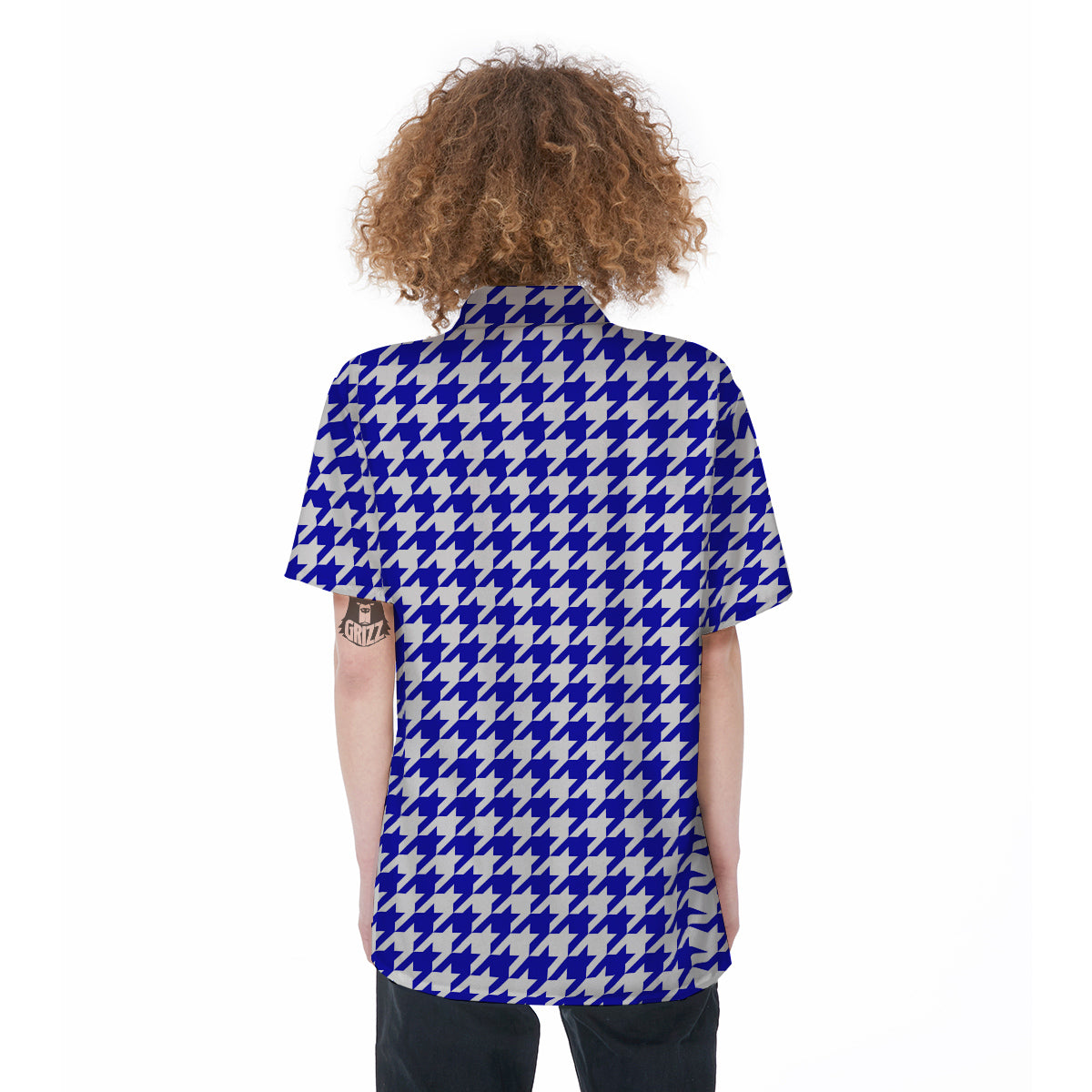 Navy Houndstooth Print Women's Short Sleeve Shirts-grizzshop