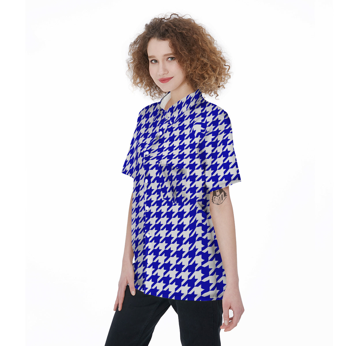 Navy Houndstooth Print Women's Short Sleeve Shirts-grizzshop