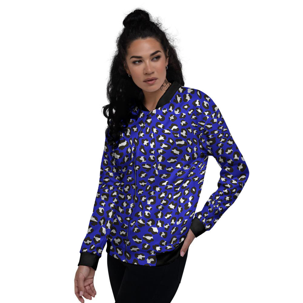 Navy Leopard Print Pattern Women's Bomber Jacket-grizzshop