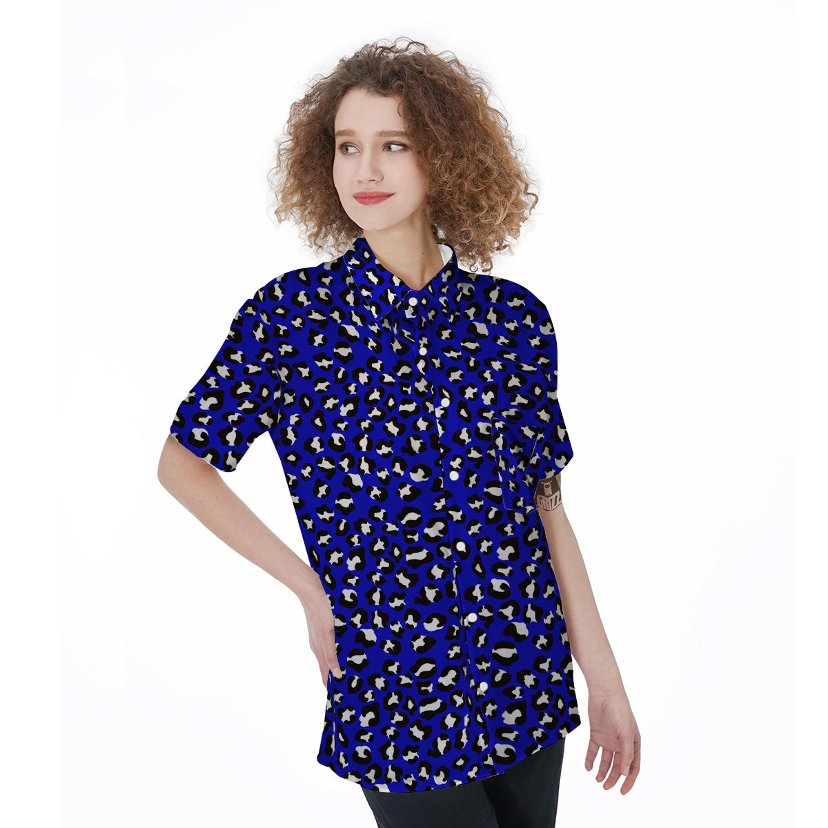 Navy Leopard Print Pattern Women's Short Sleeve Shirts-grizzshop