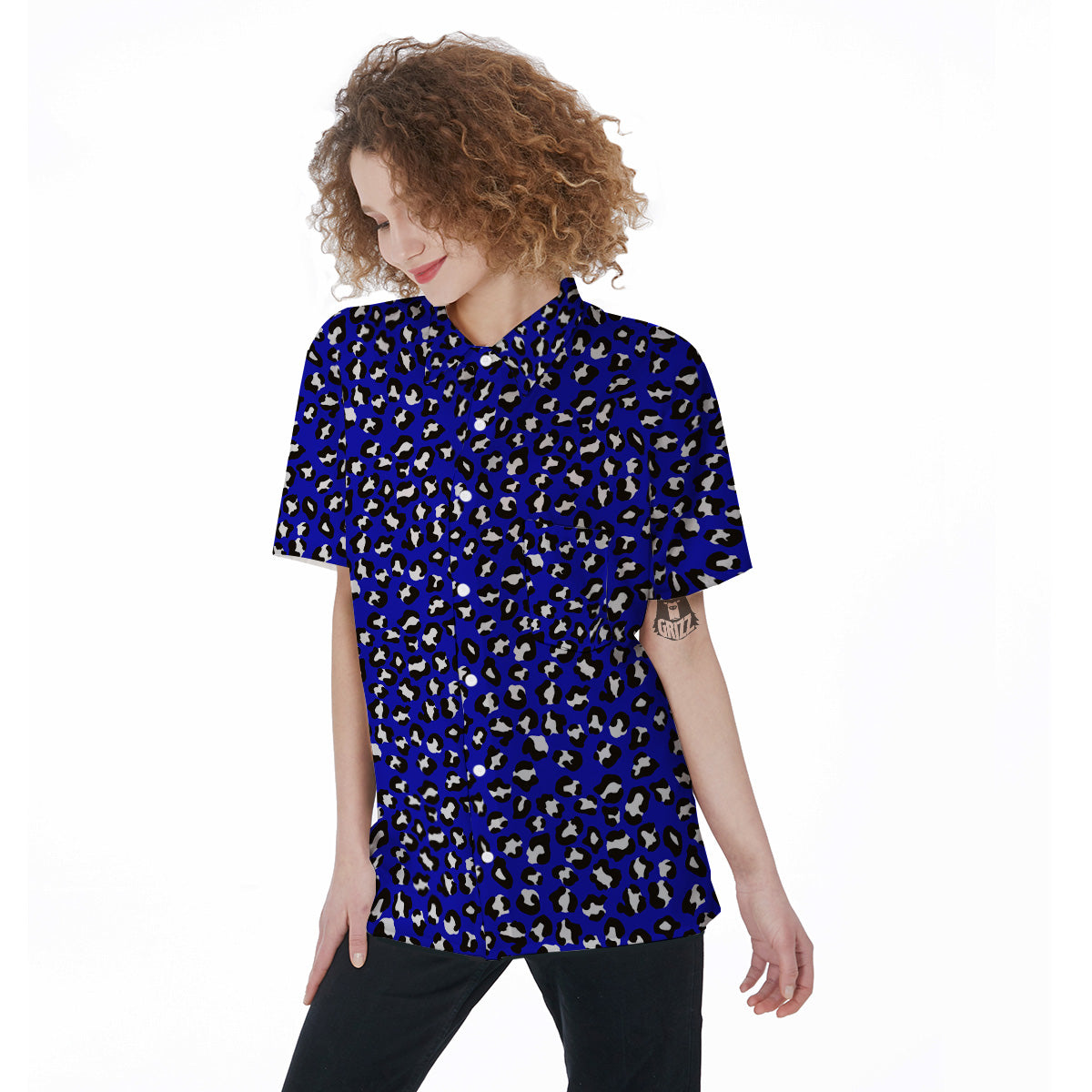Navy Leopard Print Pattern Women's Short Sleeve Shirts-grizzshop
