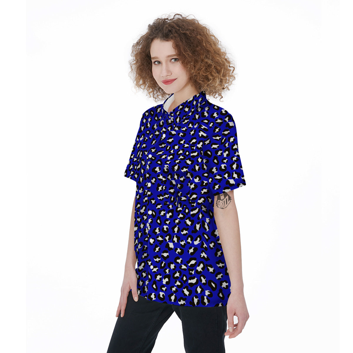 Navy Leopard Print Pattern Women's Short Sleeve Shirts-grizzshop