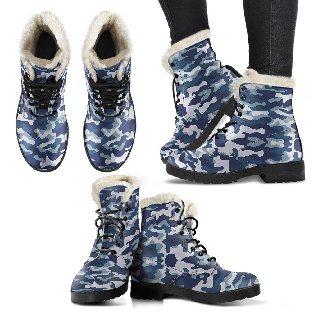 Navy Military Camouflage Camo Pattern Print Comfy Winter Boots-grizzshop