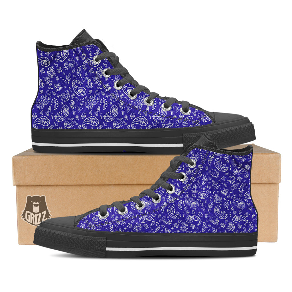 Navy Paisley Bandana Print Black High Top Shoes-grizzshop