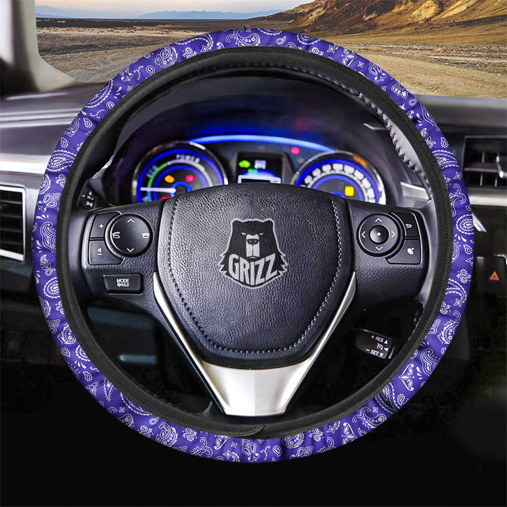 Navy Paisley Bandana Print Car Steering Wheel Cover-grizzshop