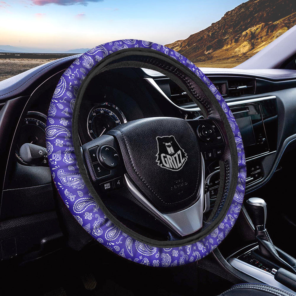 Navy Paisley Bandana Print Car Steering Wheel Cover-grizzshop