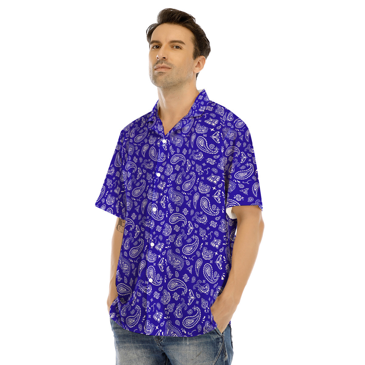 Navy Paisley Bandana Print Men’s Hawaiian Shirt-grizzshop