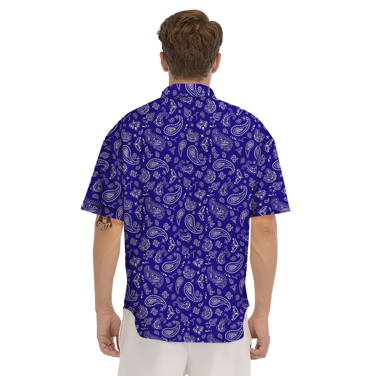 Navy Paisley Bandana Print Men's Short Sleeve Shirts-grizzshop