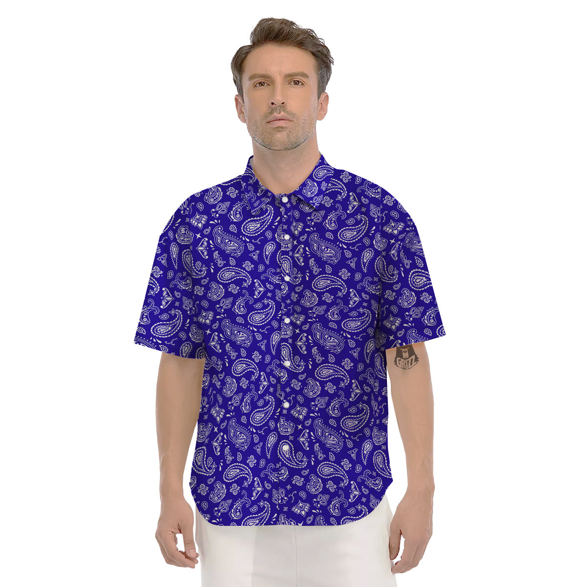 Navy Paisley Bandana Print Men's Short Sleeve Shirts-grizzshop