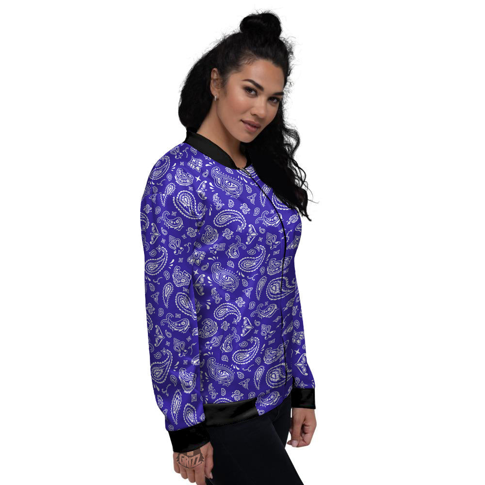 Navy Paisley Bandana Print Women's Bomber Jacket-grizzshop