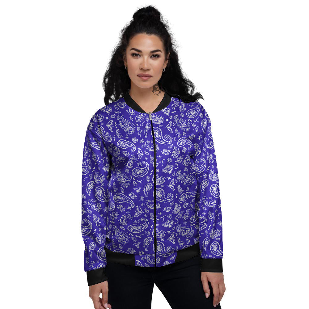 Navy Paisley Bandana Print Women's Bomber Jacket-grizzshop